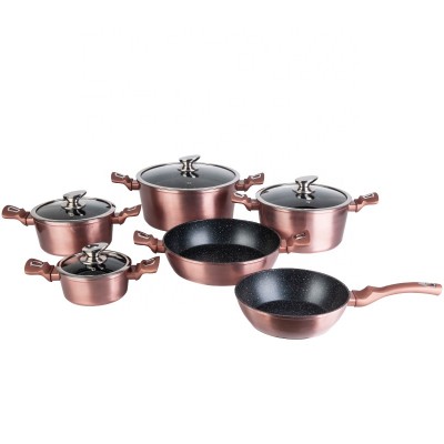 10pcs  forged aluminum red matelic marble coating cookware set with induction bottom