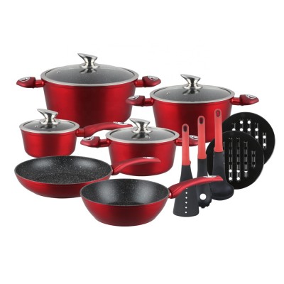 10pcs  forged aluminum red matelic marble coating cookware set with induction bottom