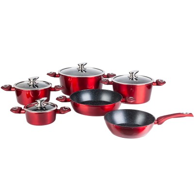 10pcs  forged aluminum red matelic marble coating cookware set with induction bottom