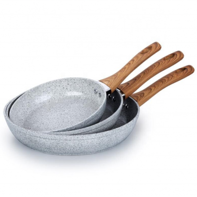 Forged aluminum non stick ceramic marble stone cookware frying pans with wooden soft touch handle